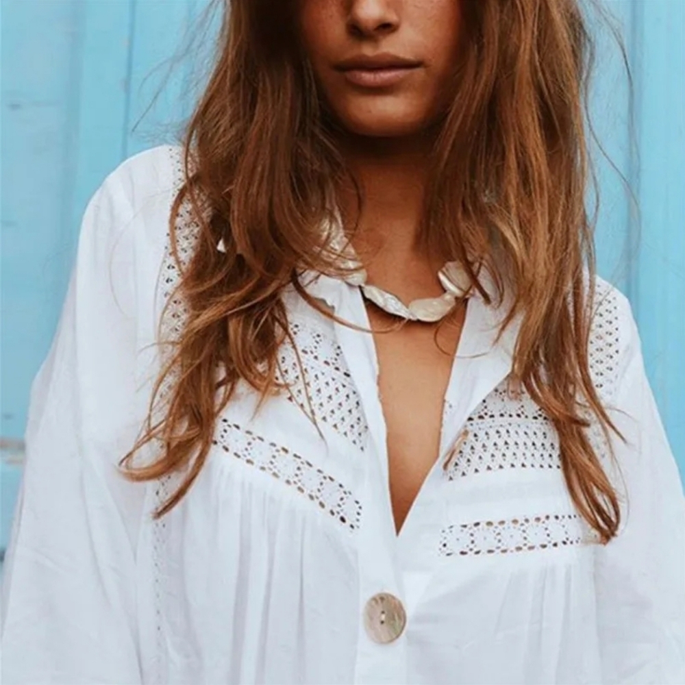 NEW Boho Embroidered Lace Button Up Top Tunic Dress Cover Up White